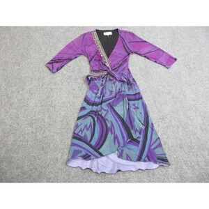 Emilio Pucci Dress Womens 4 Purple Geometric Wrap 3/4 Sleeve Beaded Jersey Italy